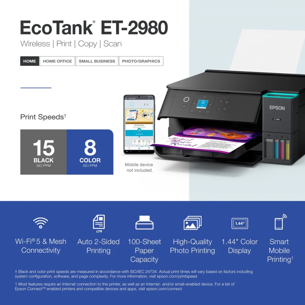 Epson EcoTank ET-2980 Wireless All-in-One Color Supertank Inkjet Printer